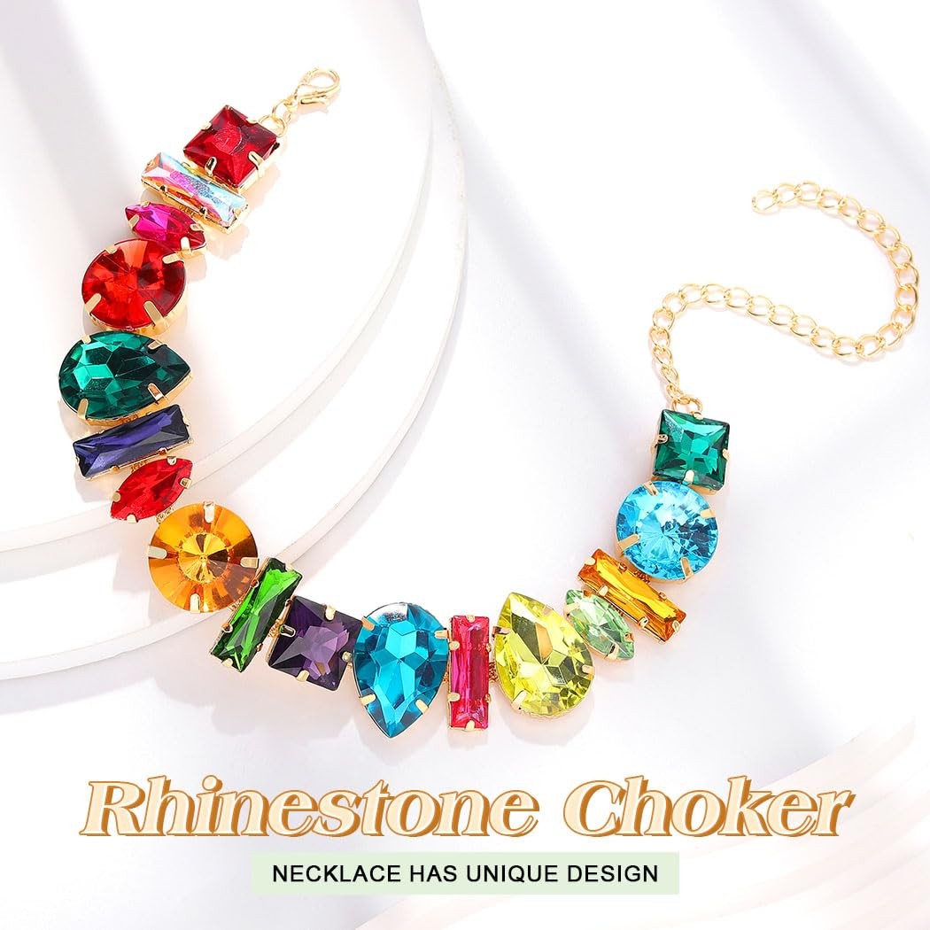 JEAIRTS Colorful Crystal Choker Necklace Rainbow Rhinestone Statement Collar …