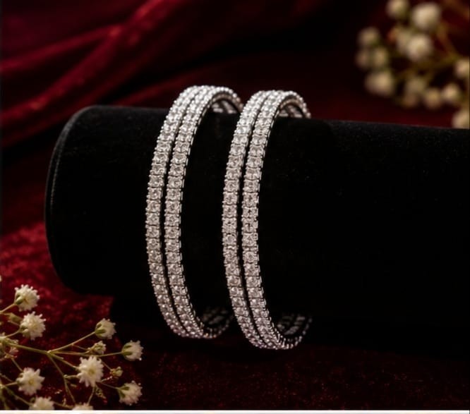 Classy Elegant Silver Plated Cubic Zirconia Tennis Bangles Pair Gift Of Beauty