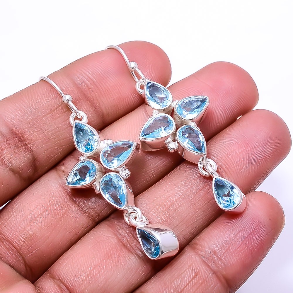 Blue Topaz Multi Collet 925 Sterling Silver Earring 2.15″ E15, Christmas Gift