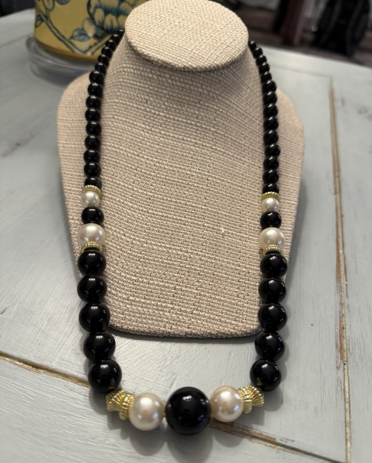 Black/White Beaded Necklace, Simulated White Imitation Pearls, Hook, 19-24 in