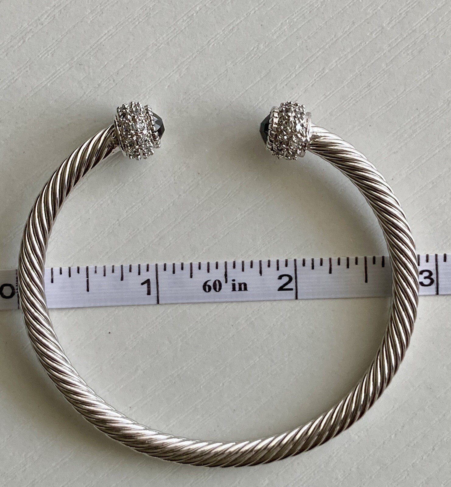 Silver Tone Twisted Cable Cuff Bracelet Clear & Jet Black Crystals 7.25in 20.6g