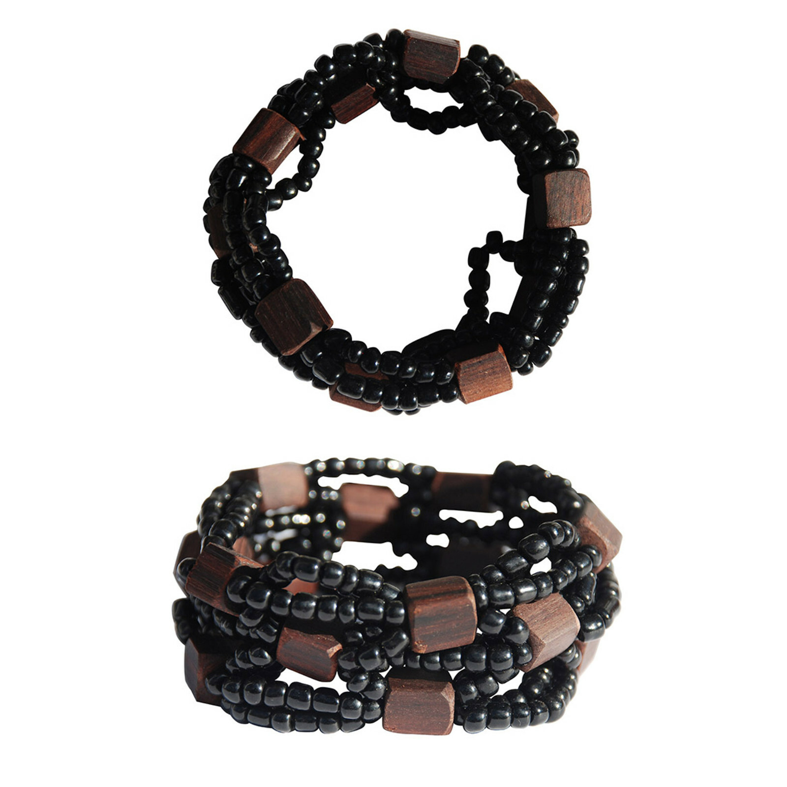 Beautiful Black 10-Strand Elastic Glass Beaded Bracelet With Dark Hard Wood Bead