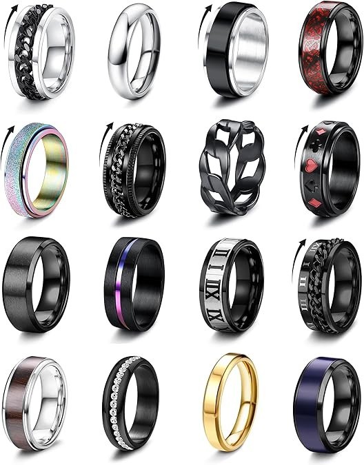 16Pcs Stainless Steel Fidget Rings for Men Women Spinner Rings Size 7-13