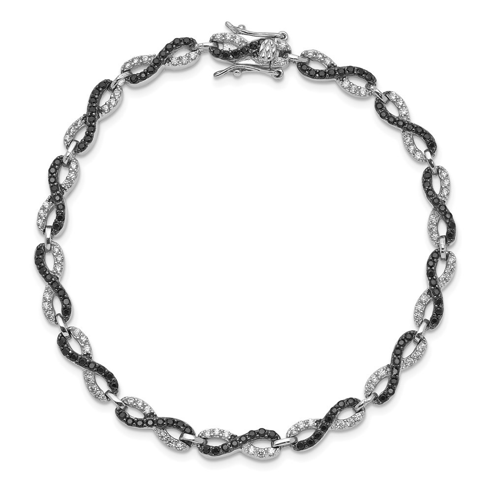 Sterling Silver Rhod-plated 7.5in Black/White CZ Infinity Bracelet Womens