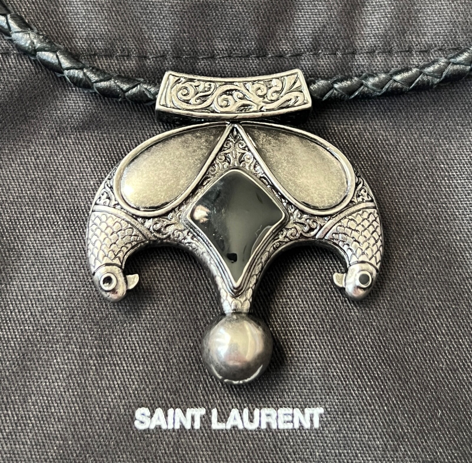 NIB Saint Laurent YSL Victorian Moon Black Braid Leather Pendant Necklace $1295