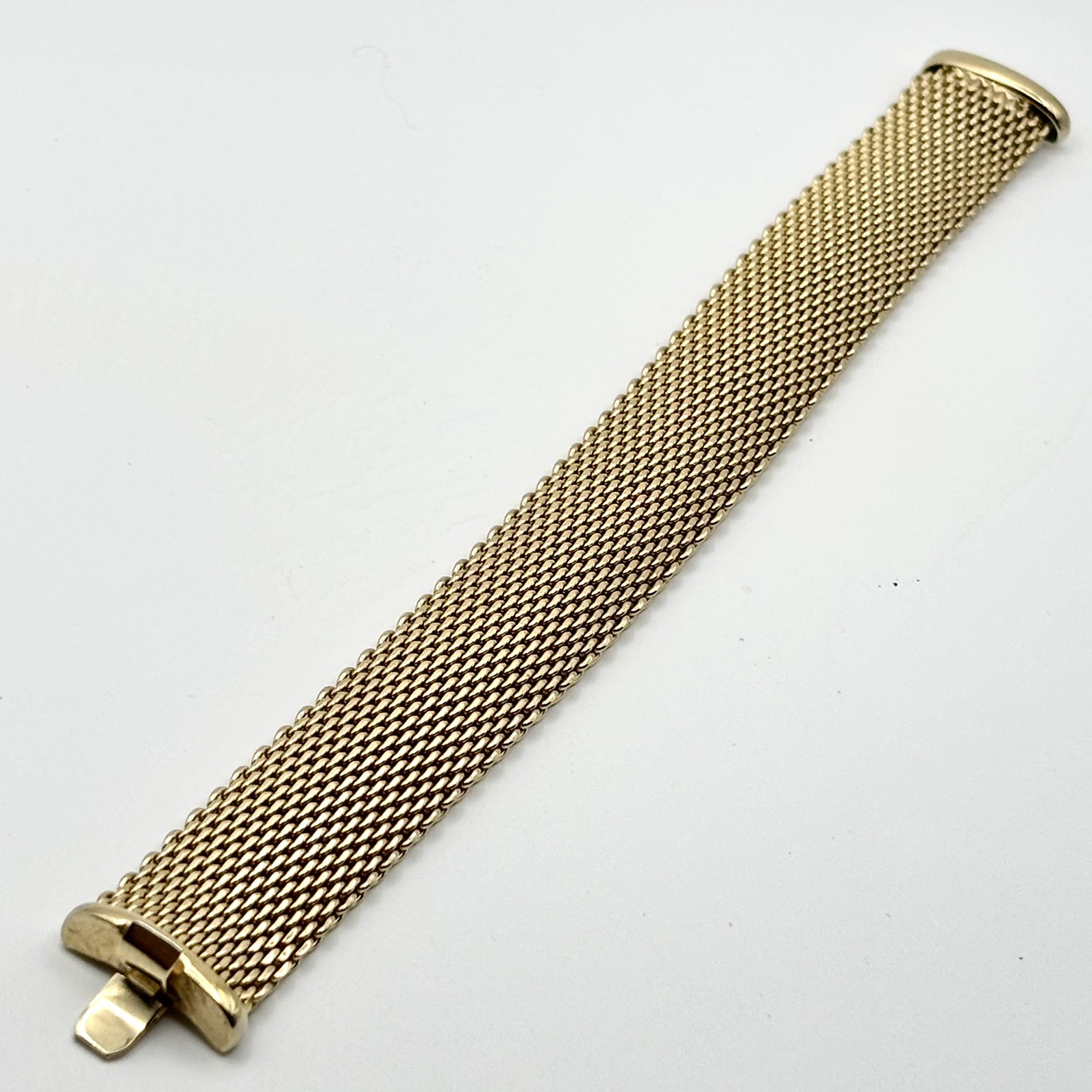 Woven Mesh Bracelet 14K Gold Electroplate ESPO Signed 7.5″ long; 0.75” wide 44g