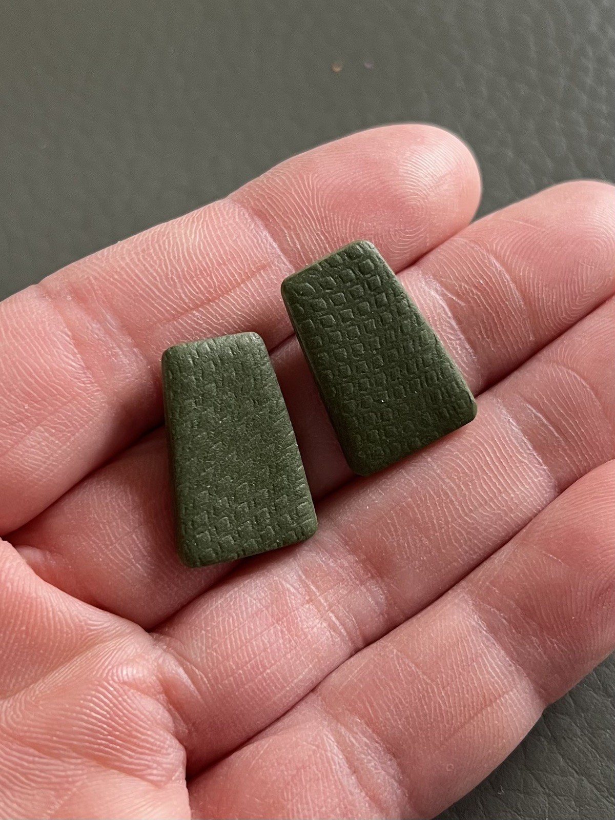 Handmade Khaki Polymer Clay Earrings – Textured Trapezoid – Ultra Lightweight