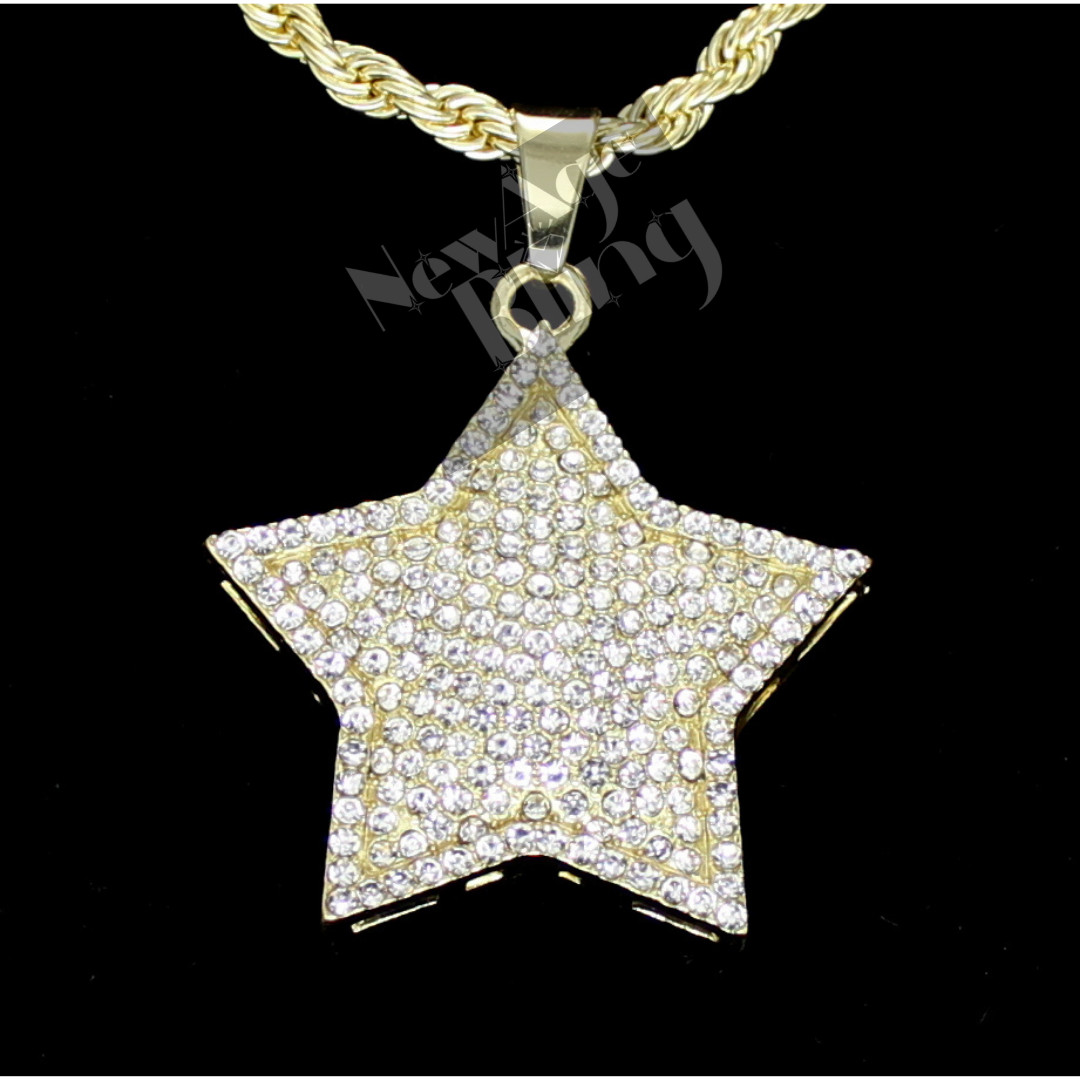 Iced 5 Star Cz Pendant 14k Gold Plated 24″ Rope Necklace Hip Hop Jewelry