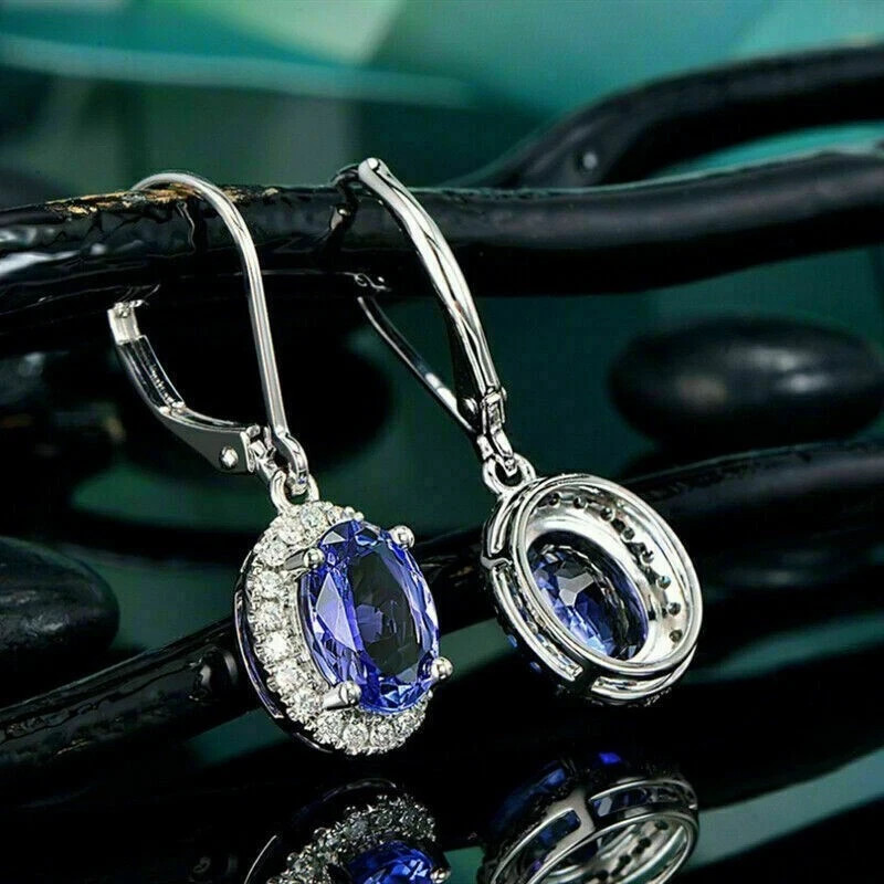 4Ct Oval Cut Simulated Tanzanite Women’s Drop Earrings 14K White Gold Plated