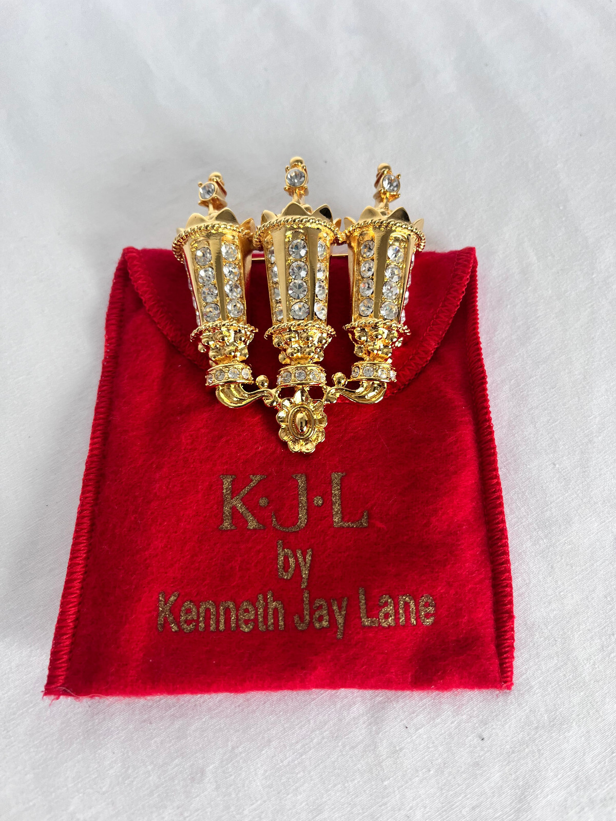 Kenneth Jay Lane Brooch Crystal Golden Streets Lantern Lights KJL Signed Pin