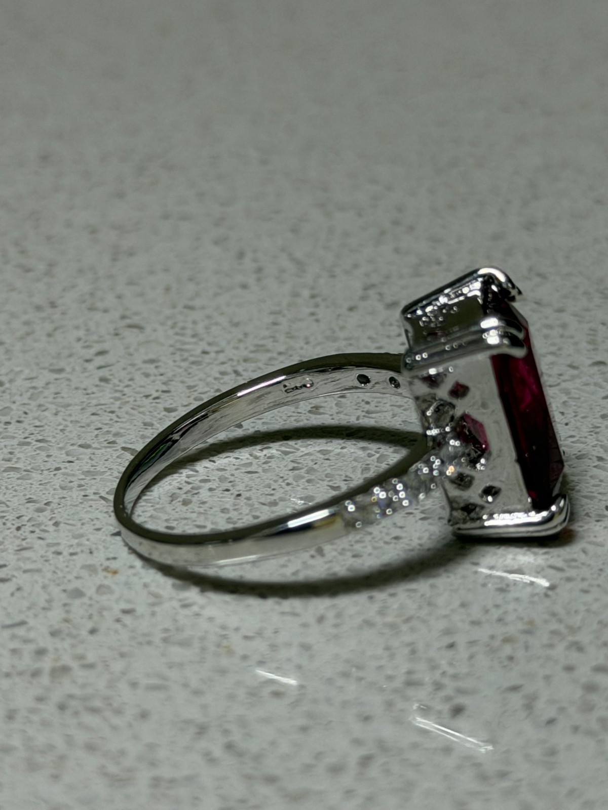 Emerald Shape Red Gemstone Ring With Side Stones Size 11