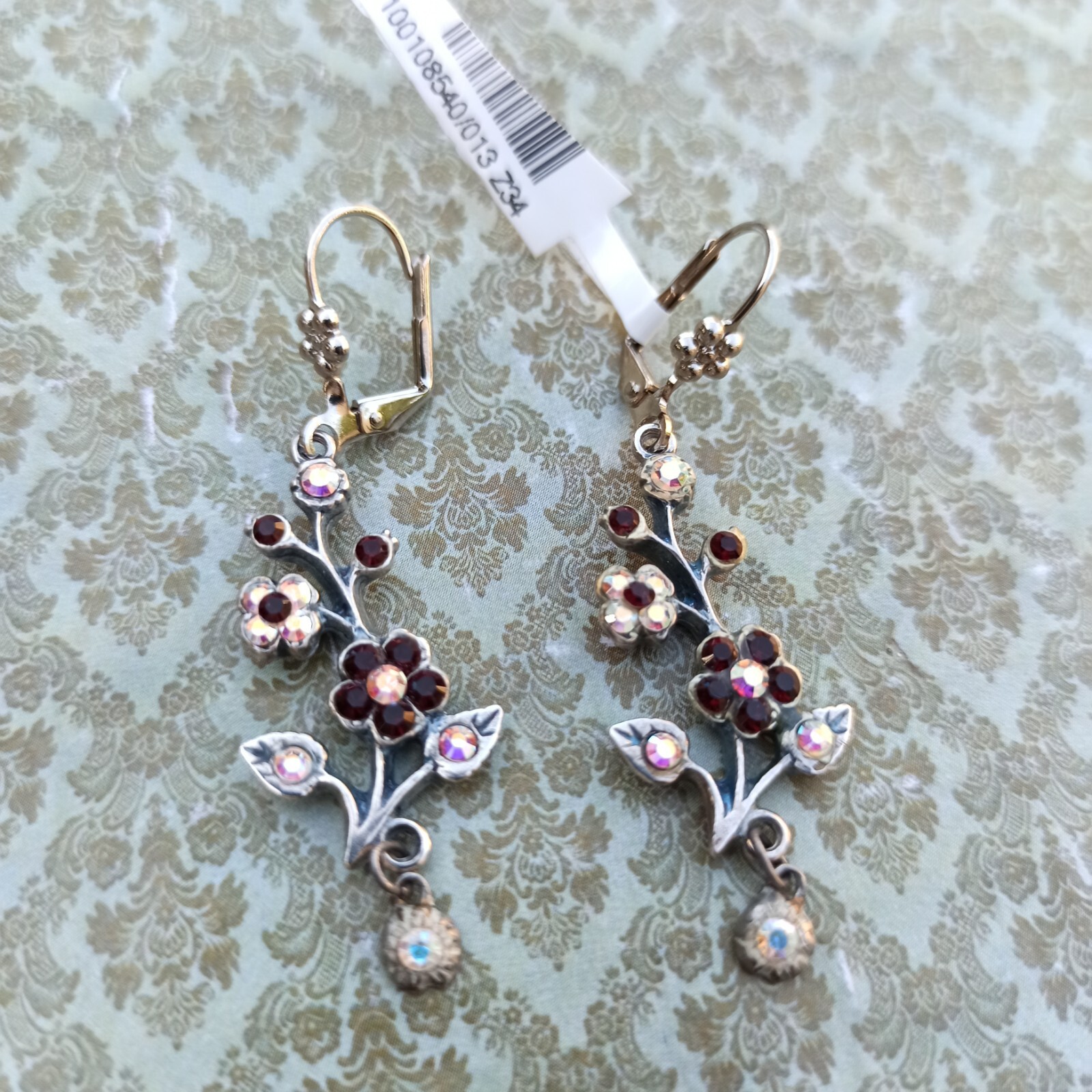 Michal Negrin Earrings Silver Aurora Borealis Red Crystals Long Flower Branch