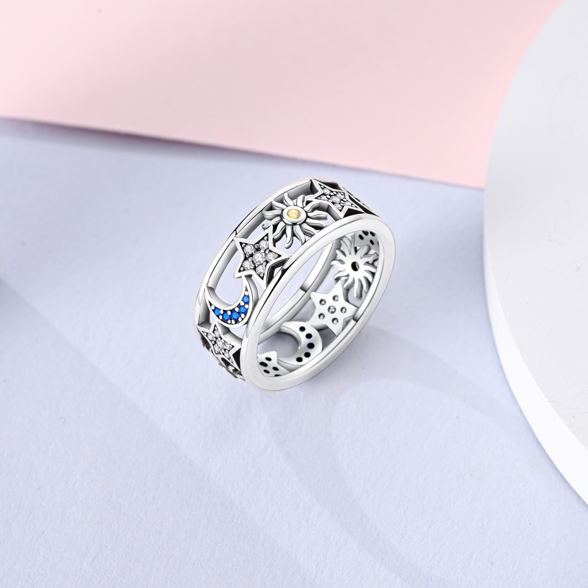 LAZA 925 Sterling Silver Sun Moon Star Hollow Finger Ring Blue CZ Women Jewelry