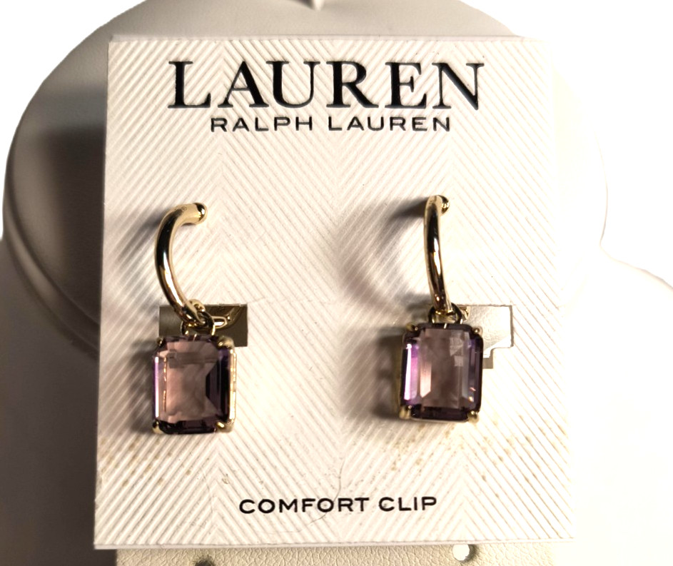 LAUREN Ralph Lauren Earrings Comfort Clip Goldtone Emerald Cut Light Purple Cabs