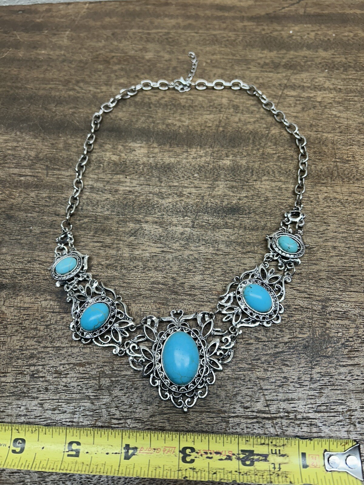 Turquoise mounted on Silver Tone Alloy & Magnetic Silver Chain Choker/ Necklace