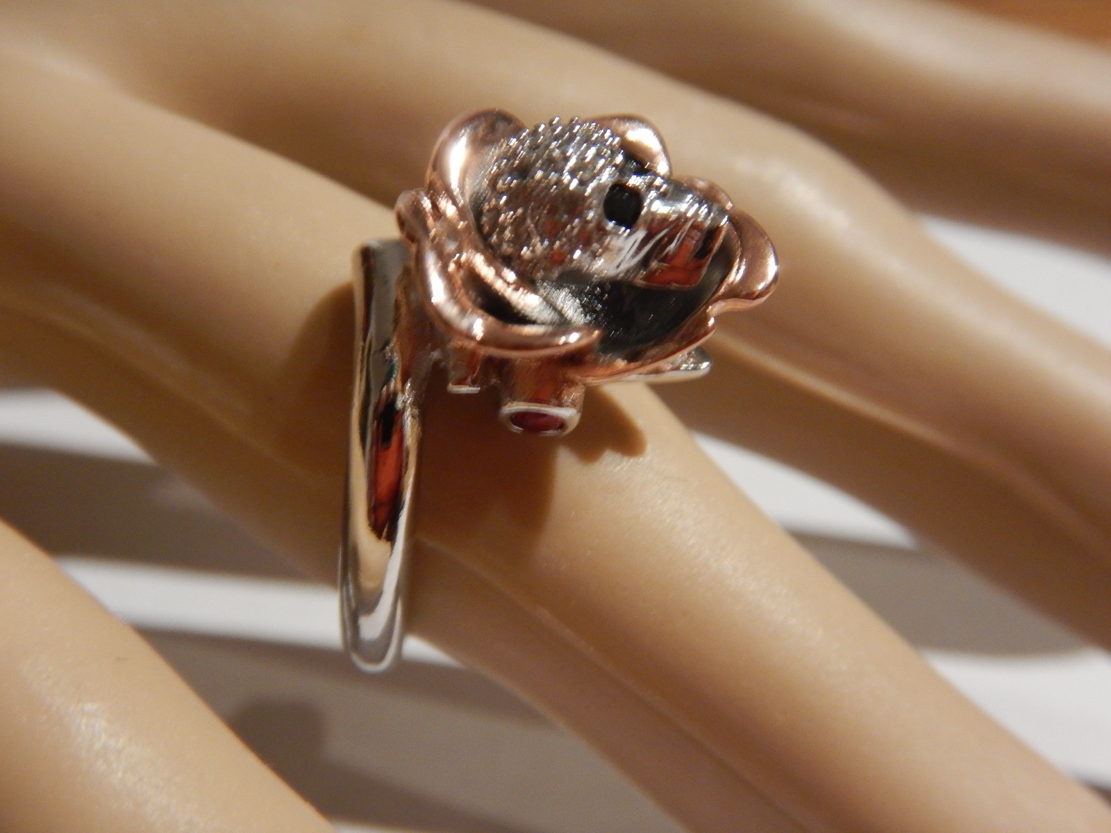 SKULL ROSE RING silver & rose gold plated glass crystal gothic death flower H5