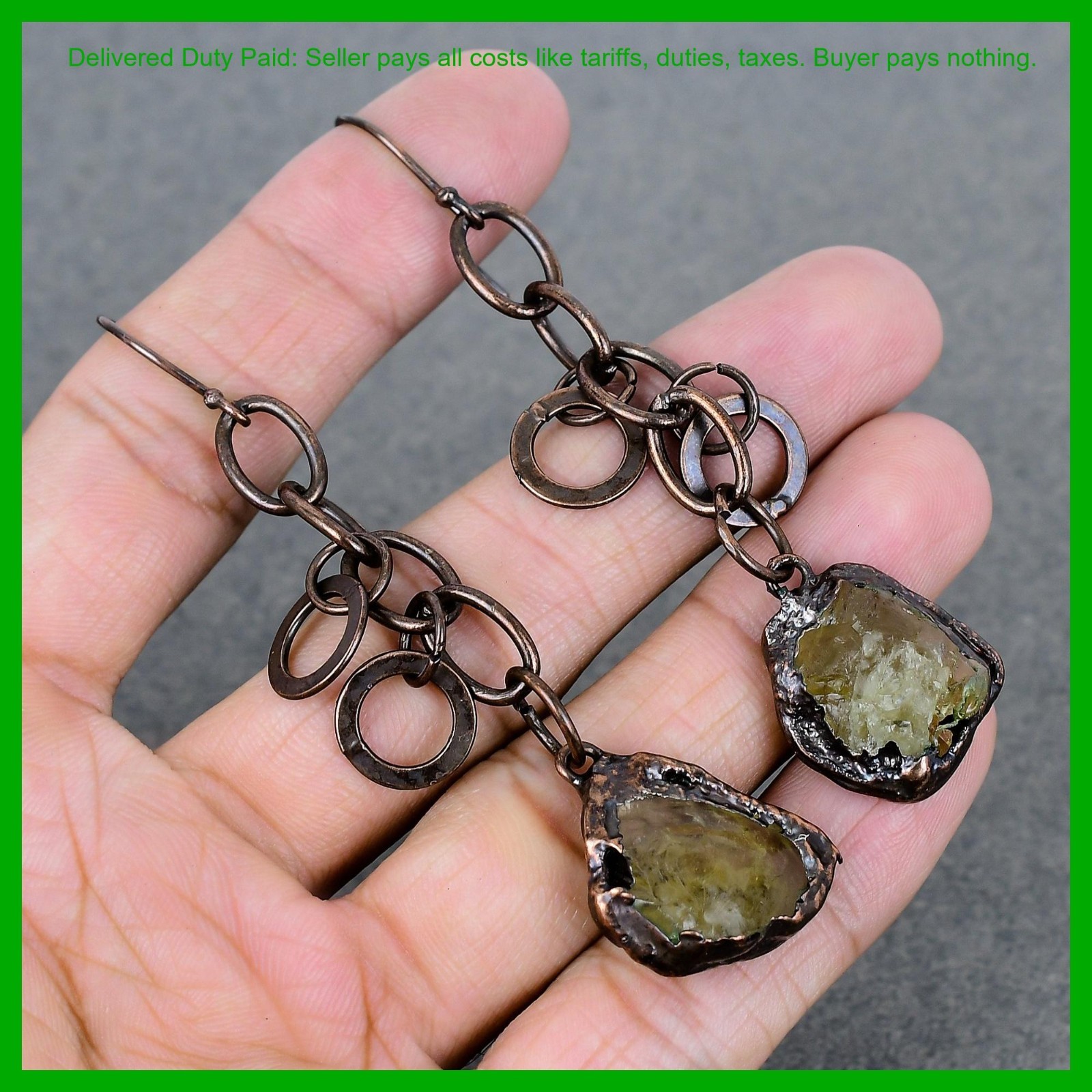 Pentagon Natural Citrine Rough Copper November Birth Drop Electroformed Earrings