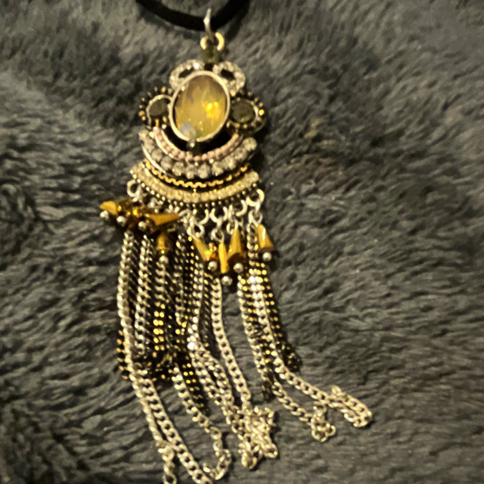 Silver Tone Oval Fringe Pendant Necklace Black Cord Metal Tassel Chains