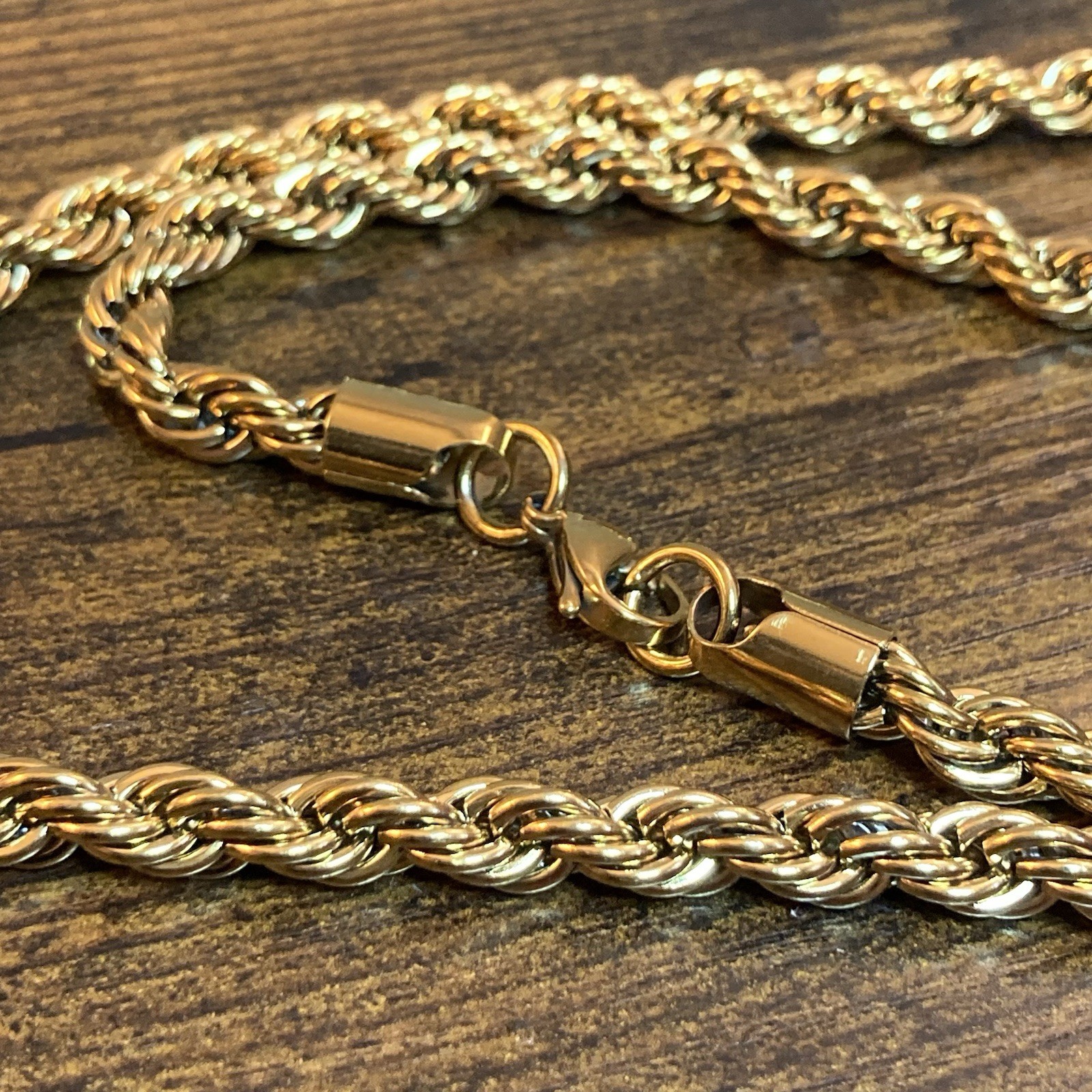 Gold Tone Rope Chain Necklace 23.5in 5mm Lobster Clasp Hip Hop Stainless Steel