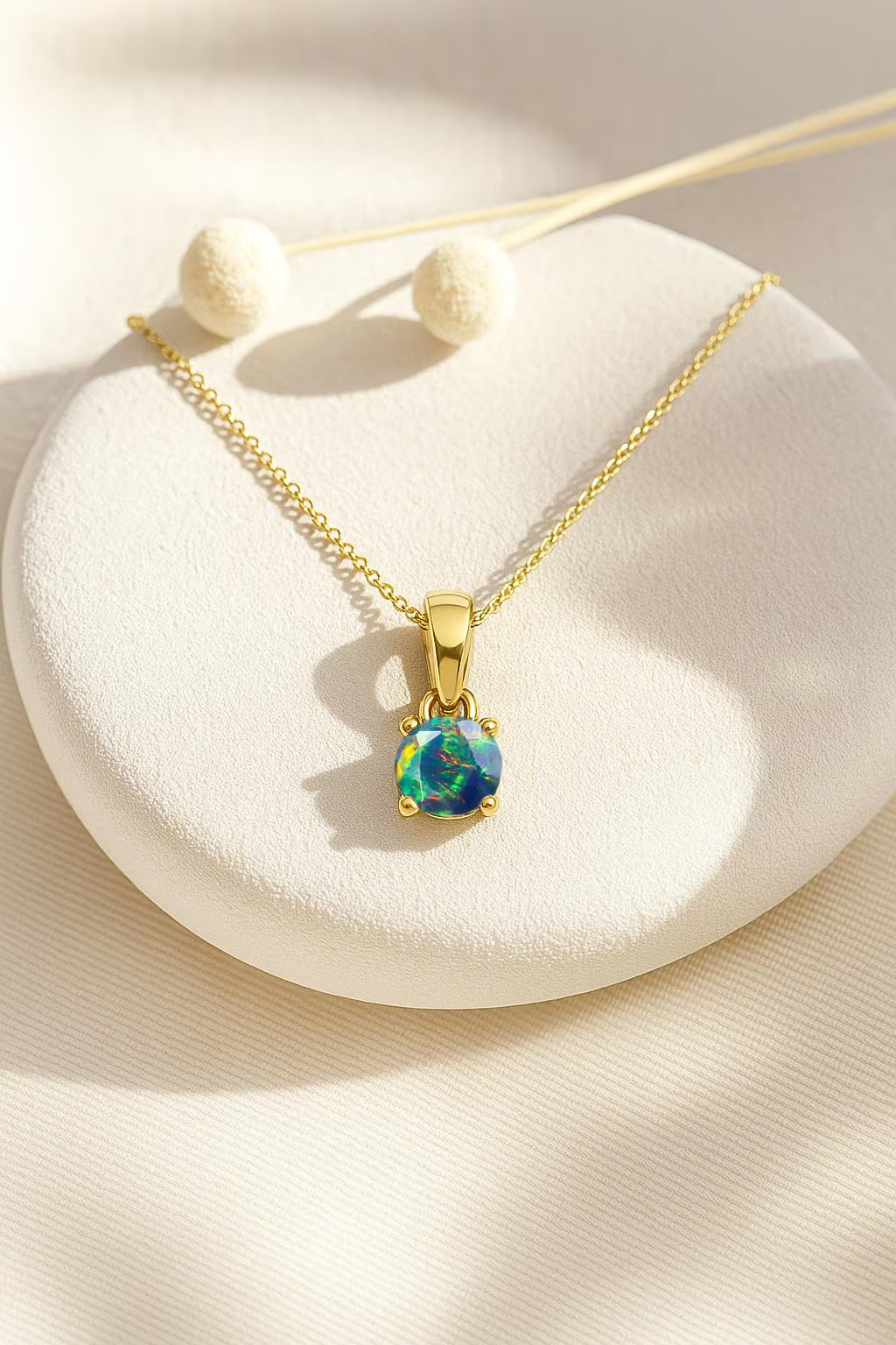 Black Fire Opal Round Gemstone Pendant Necklace, Ethiopian Opal Gemstone Gold