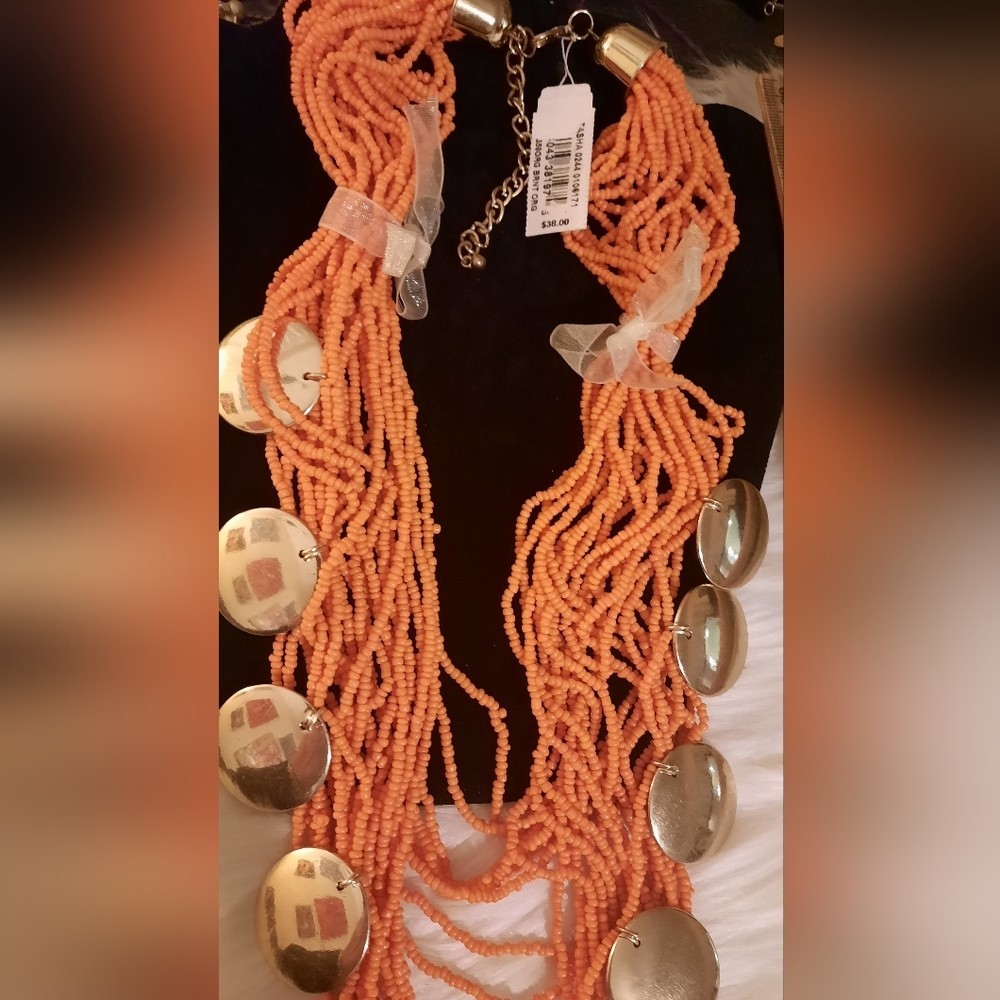 NEW burnt orange multistrand seed bead and goldtone disk necklace