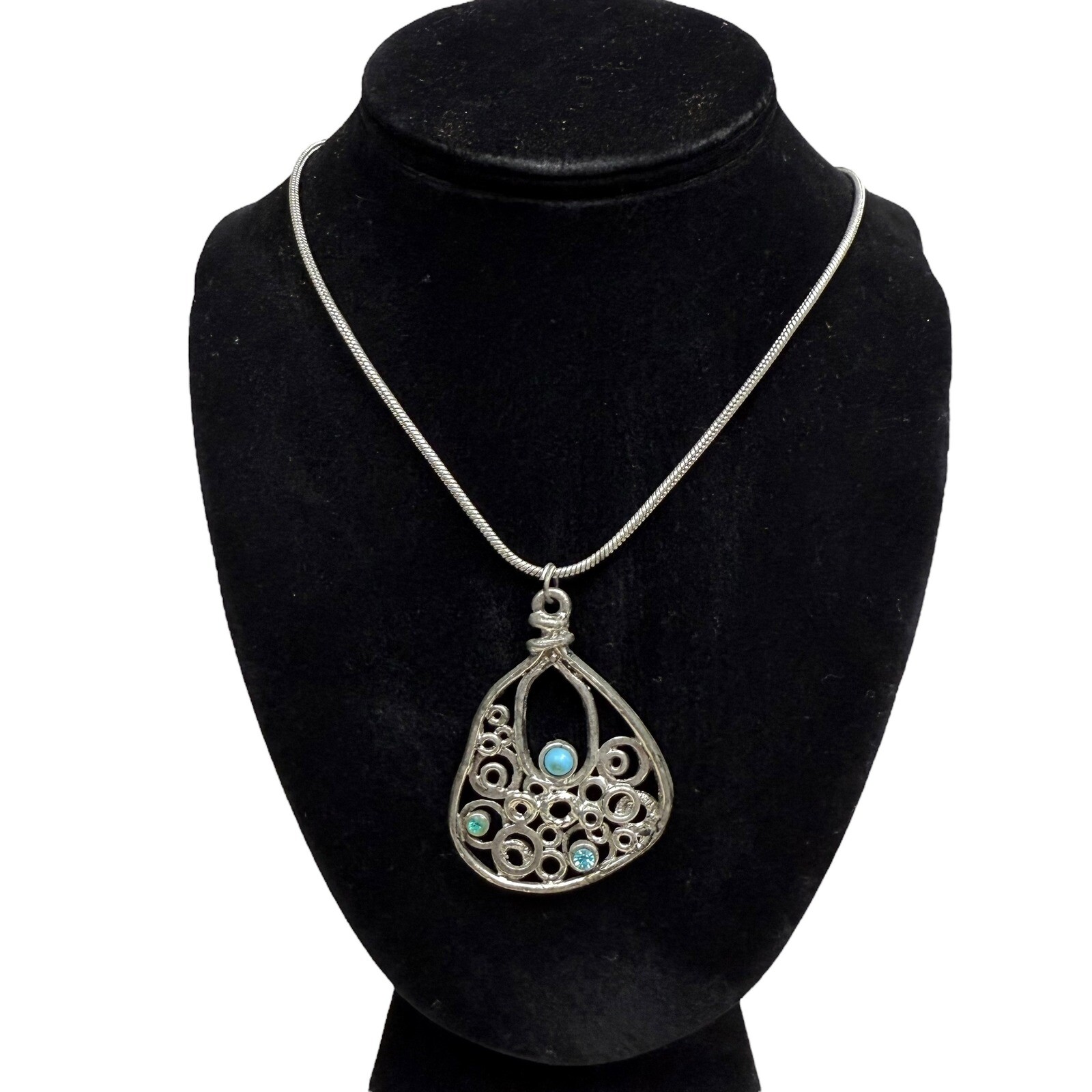 Silver Tone Turquoise Accents Pendant Necklace Teardrop Statement Jewelry 11.5in