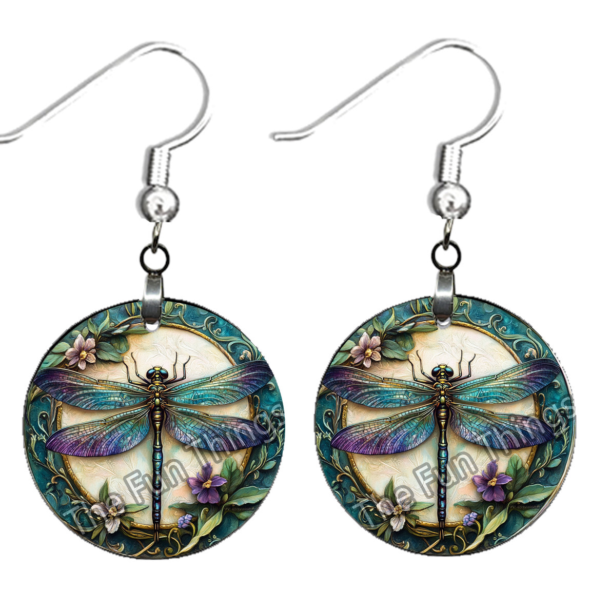 Dragonfly Earrings Teal & Purple Bohemian Art Nouveau Print NO TARNISHING Wood