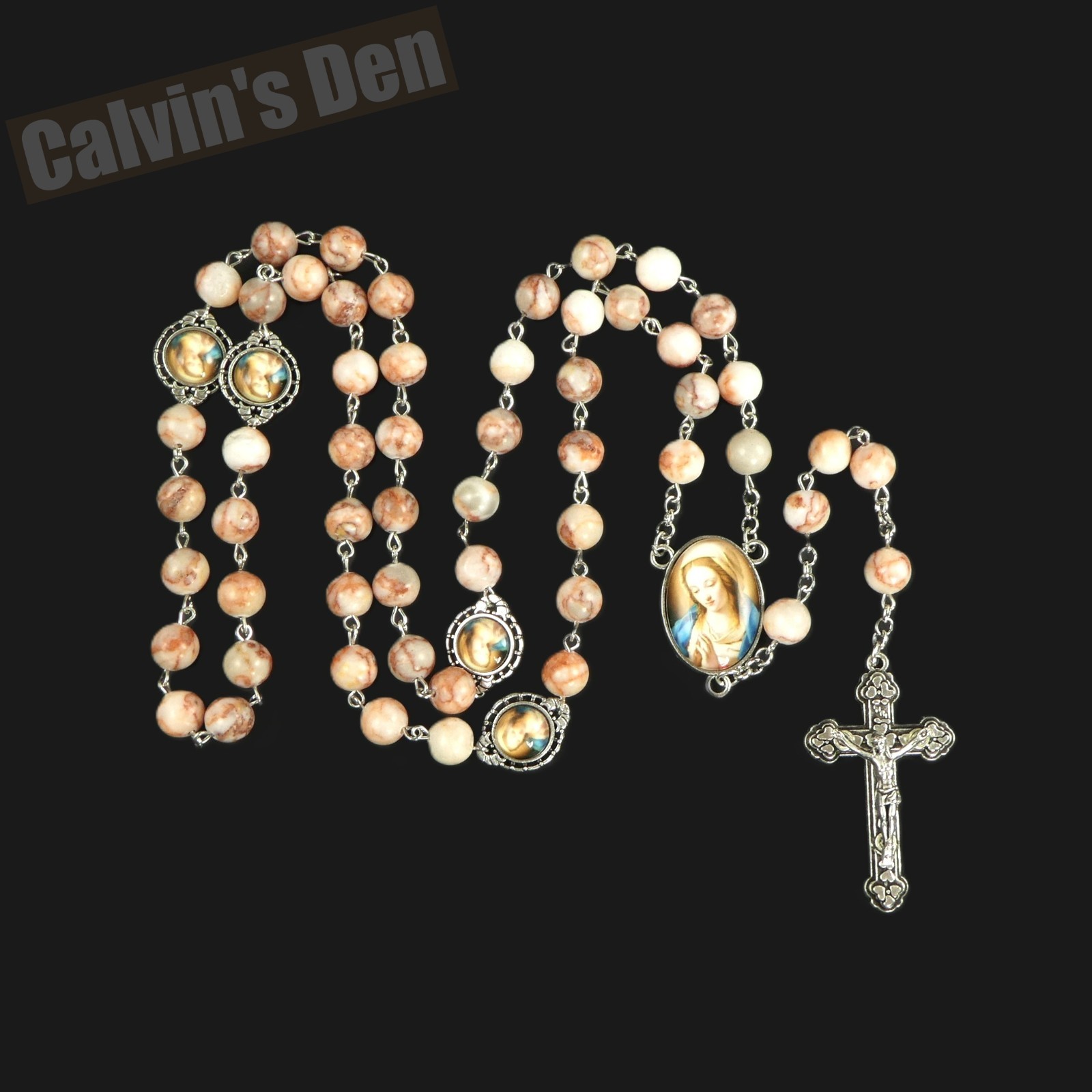 Virgin in Prayer Rosary Necklace Red Vein Jasper Bead Crucifix Cross Men Women
