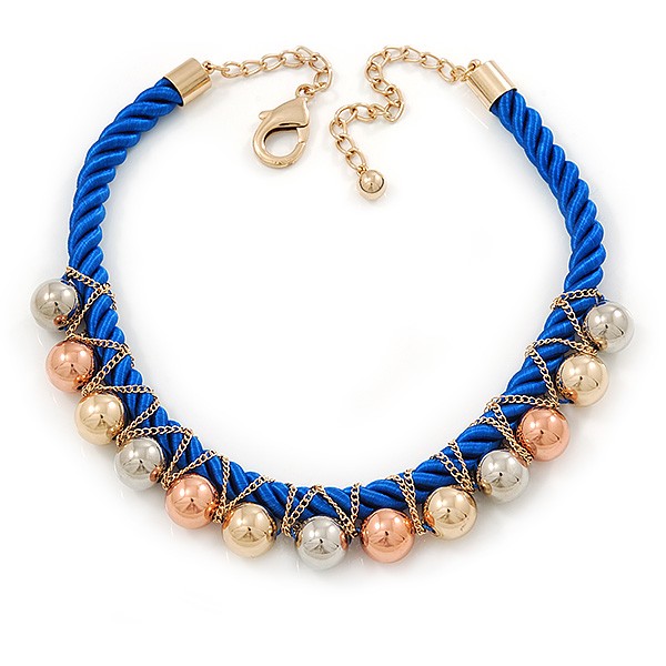 Blue Silk Cord With Gold/ Silver/ Rose Gold Balls Choker Necklace – 42cm L/ 5cm