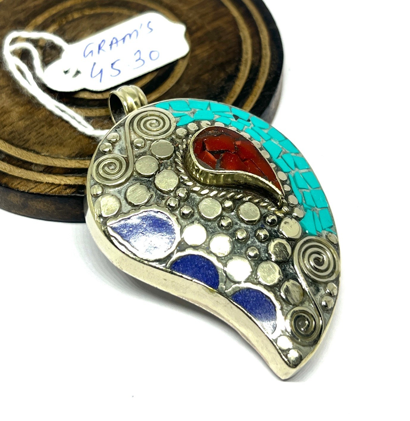 Handmade Turquoise Lapis Gemstone Tibetan Style Boho Pendant Jewelry, 2.2 inc