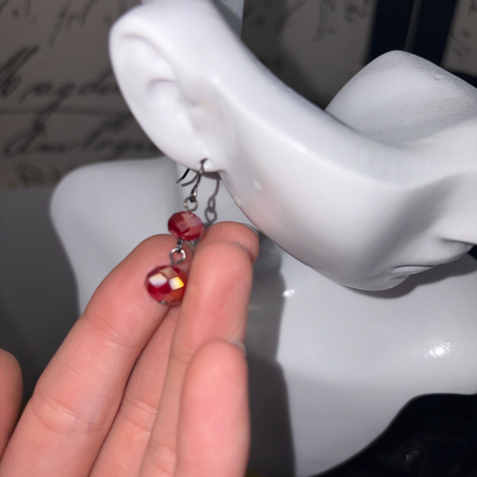 Dark Cherry Red Aurora Borealis Crystal Drop Earrings Hematite Tone Whimsigoth