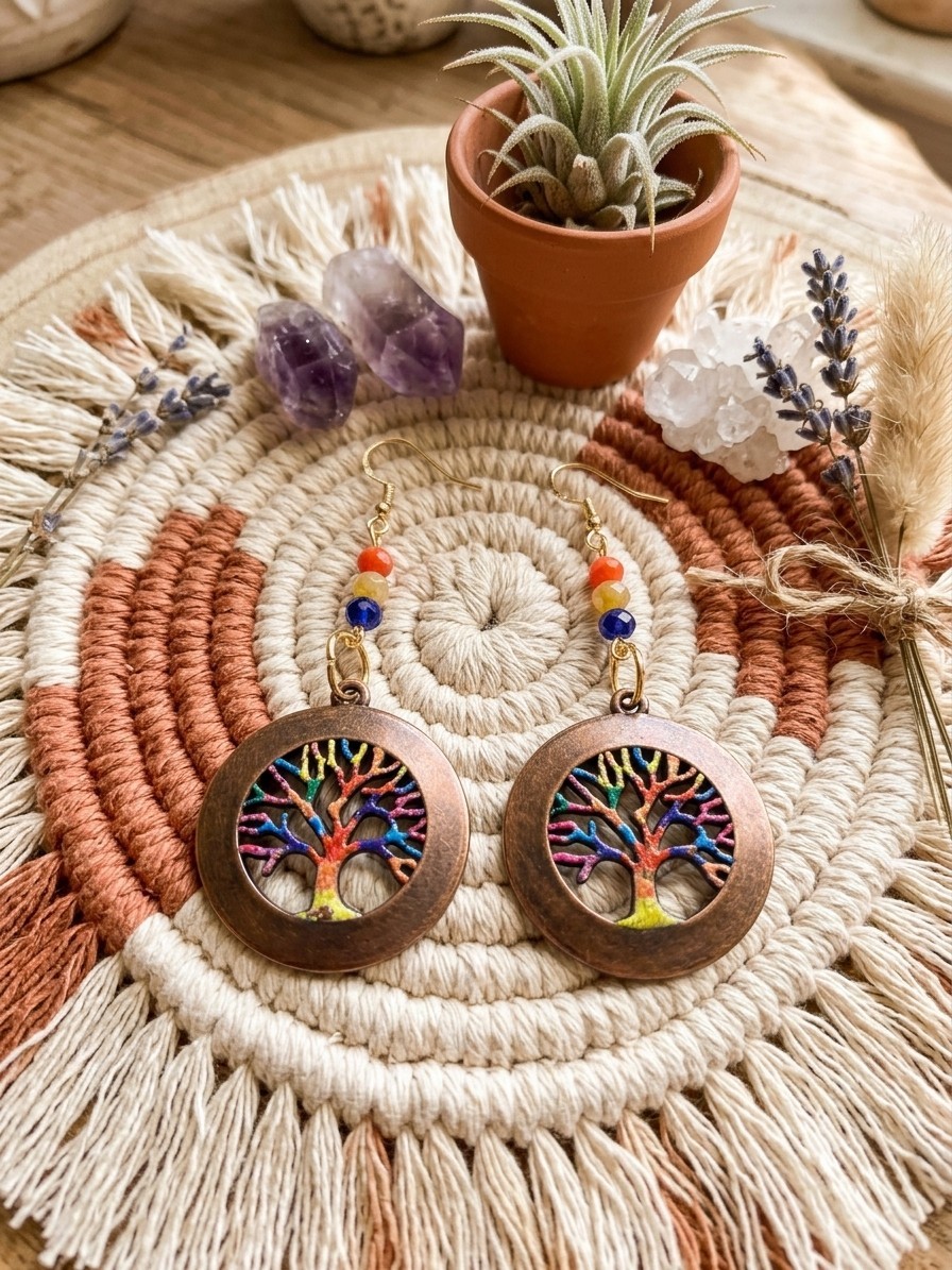 Tree of Life Bead Earrings • Boho Bronze Chakra Dangles With 14k Plated Hooks