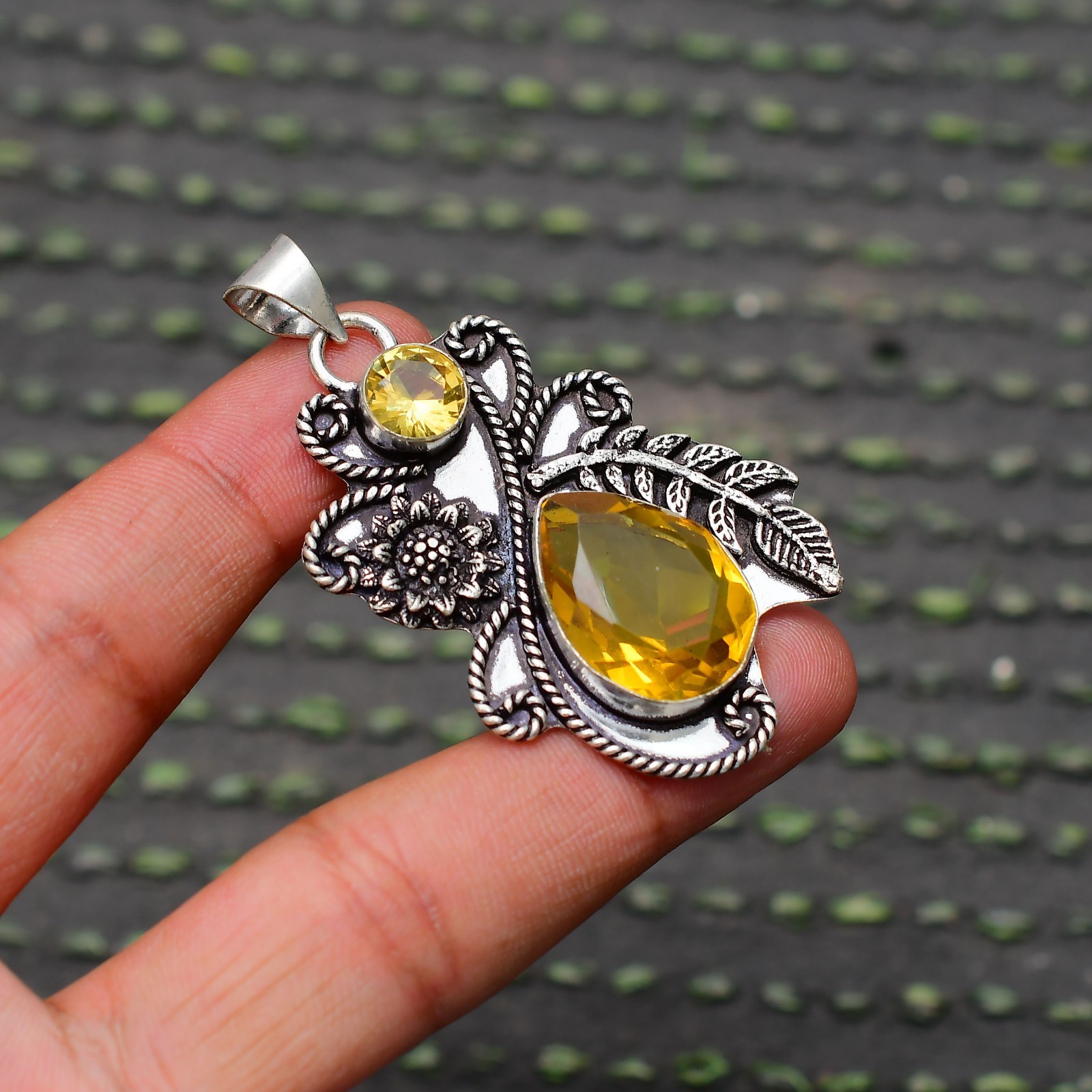 Citrine (Lab-Created) Gemstone 925 Sterling Silver Pendant Approx – 2.20″