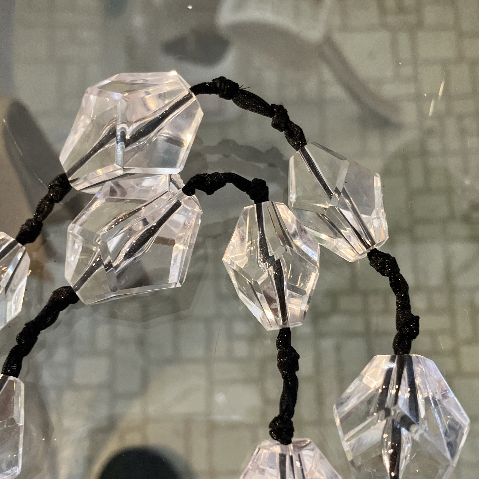 36” Clear Crystal Bicone Beaded Necklace Black Cord Spring Ring Clasp