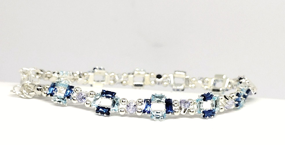 6-inch Bracelet Square-Royal Blue-Light Blue 2x4mmCZ-3mm Round Lavender Beads