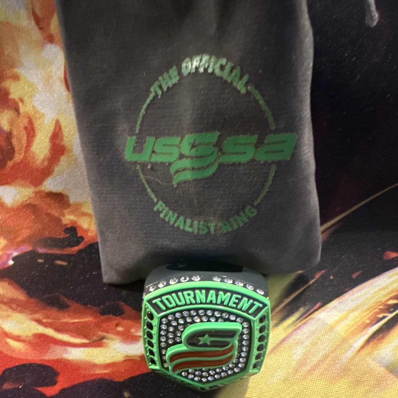 USSSA Shield Championship Ring Size 12 Green/Black Clear Crystal Pavé Enamel
