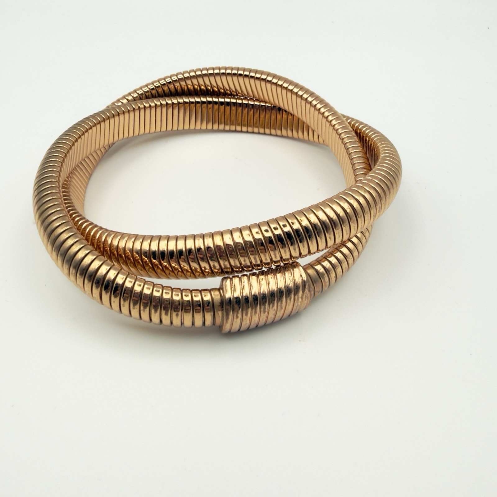 Gold Tone Gaspipe Tubogas Double Wrap Crossover Flexible Bangle Bracelet 7-7.5″