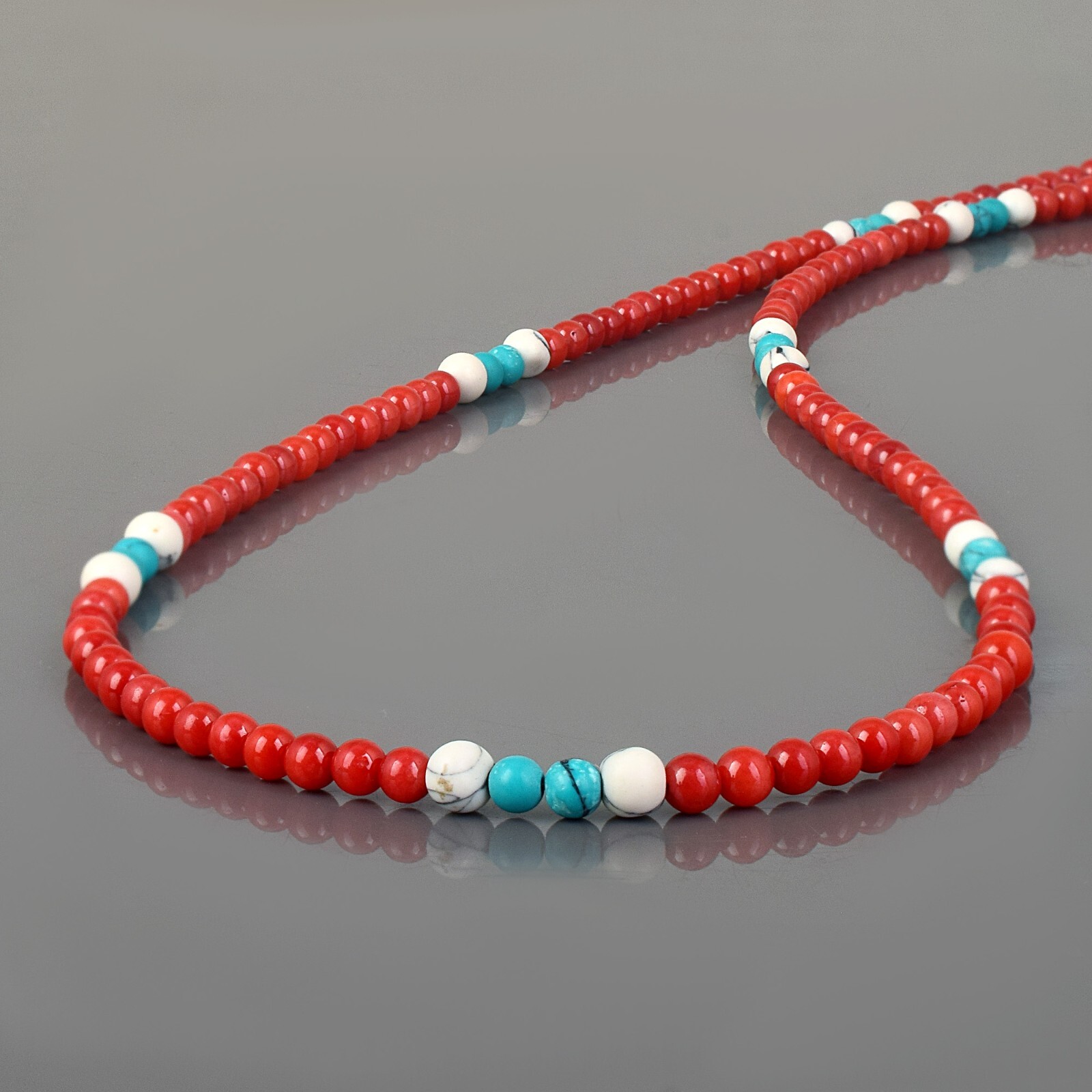 Natural 4mm Blue Turquoise & Red Coral 18″ Gemstone Beaded Ladies Necklace