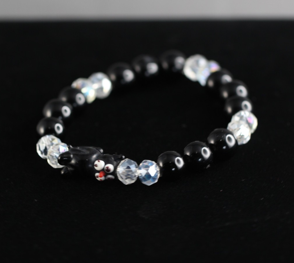 Black Cat Lampwork Bracelet 7″ Elastic Glass Beads Crystal Black Onyx Felix