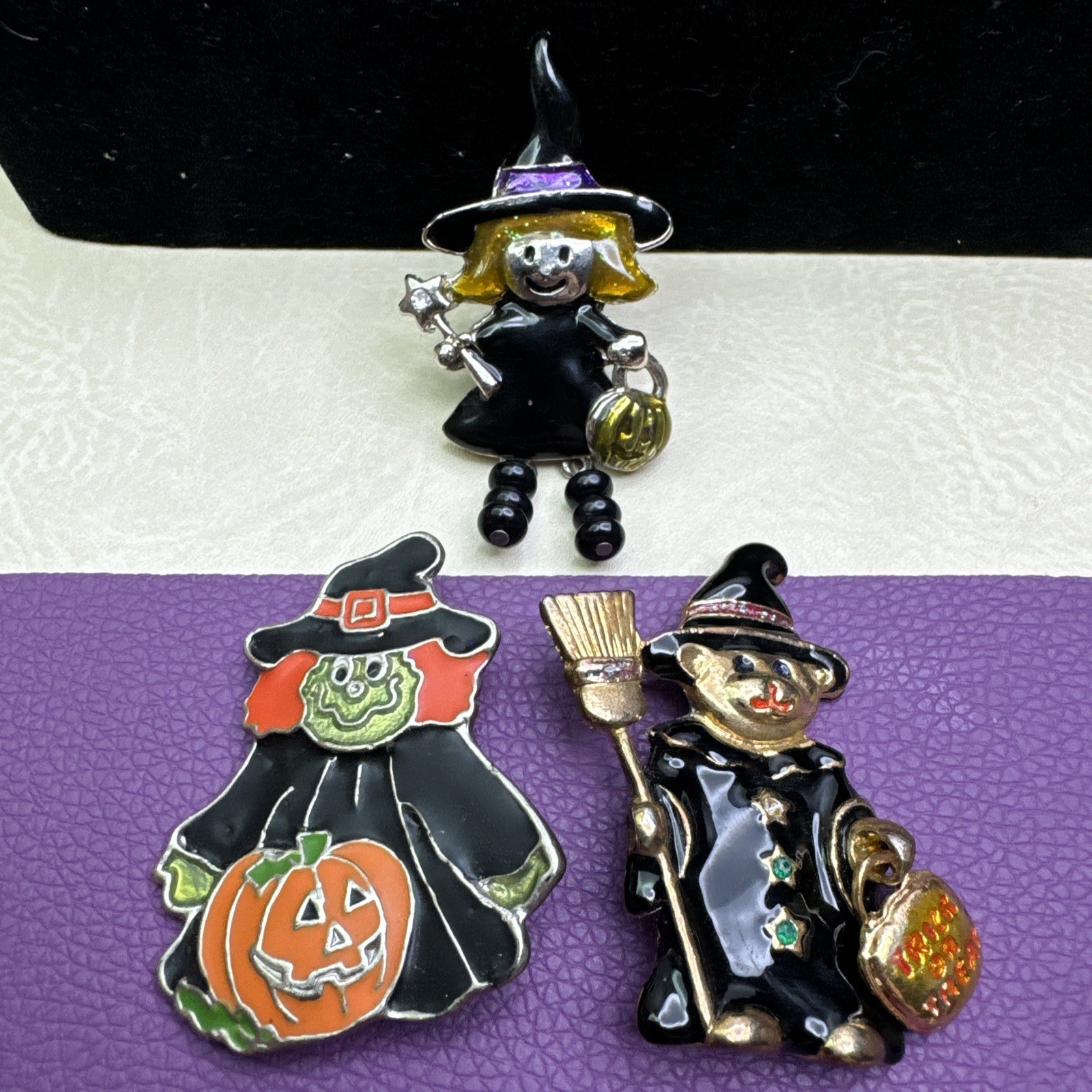 Halloween Witch Brooch Pins Lot of 3 Trick or Treat Bear Pumpkin Brook Enamel