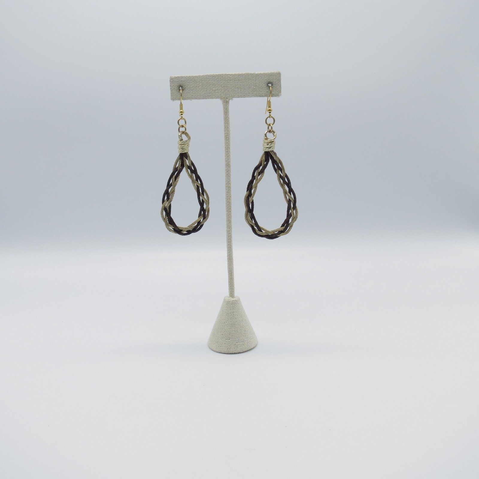 Teardrop Dangle Earrings Brown Beige Braided Rope Gold Tone Boho
