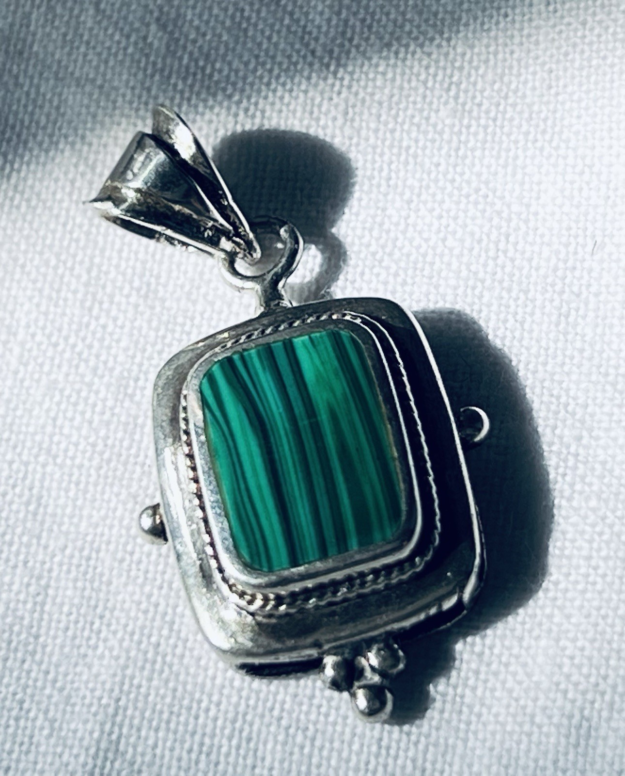 Small Silver-tone Pendant with Green Stone (Possibly Malachite?)