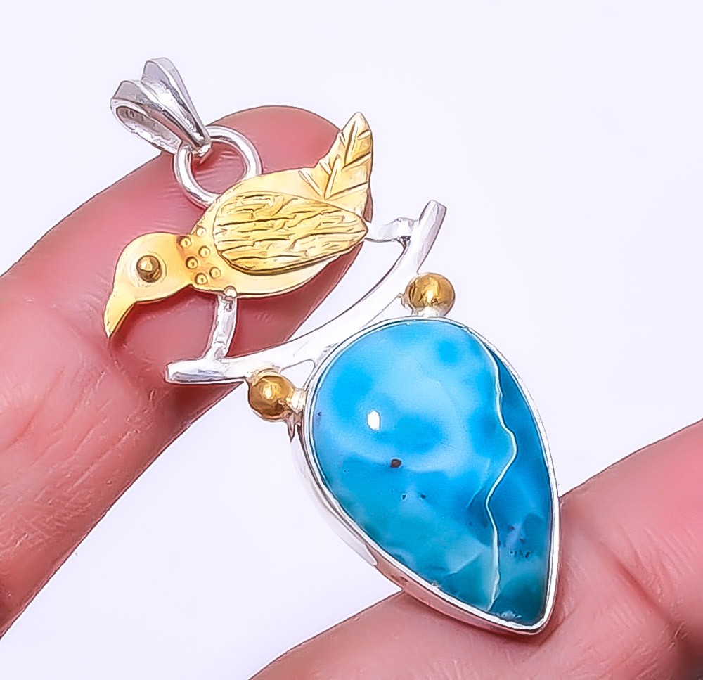 Larimar – Artistic 925 Sterling Silver Gold Plated Bird Pendant 1.79″ A320