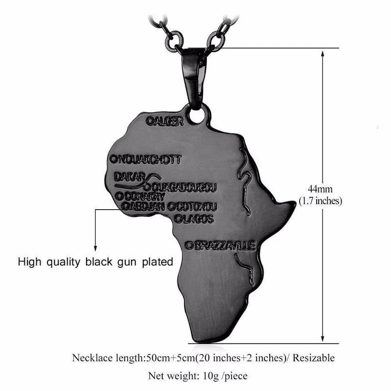Black Africa Map Pendant Necklace, Capital Cities Stainless Steel Jewelry