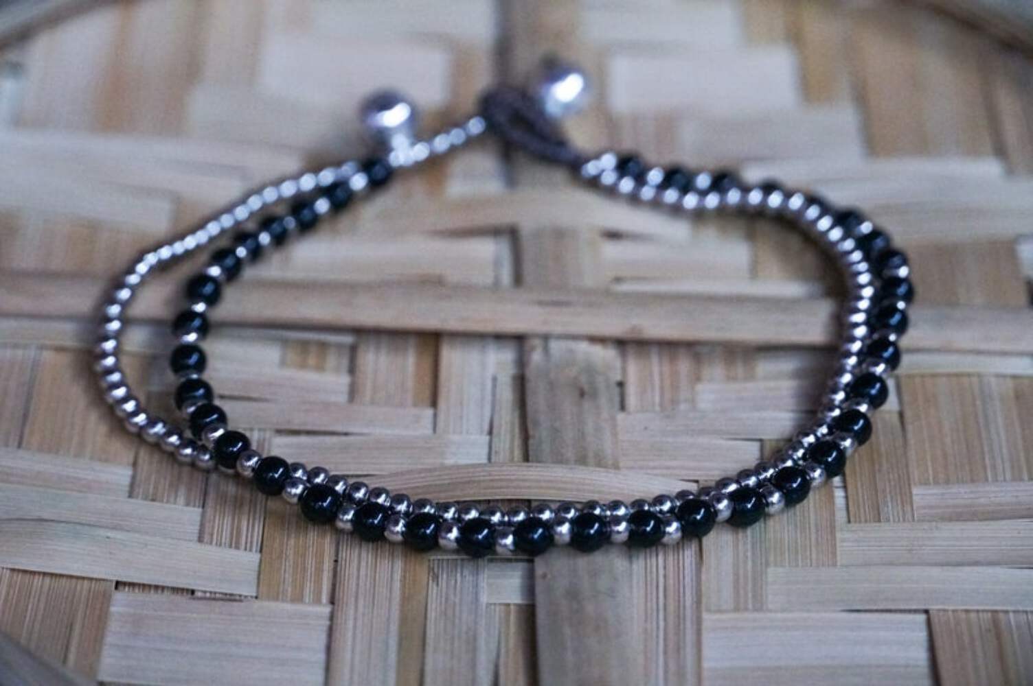 Black Boho Dual Band Silver Anklet For Women Adjustable