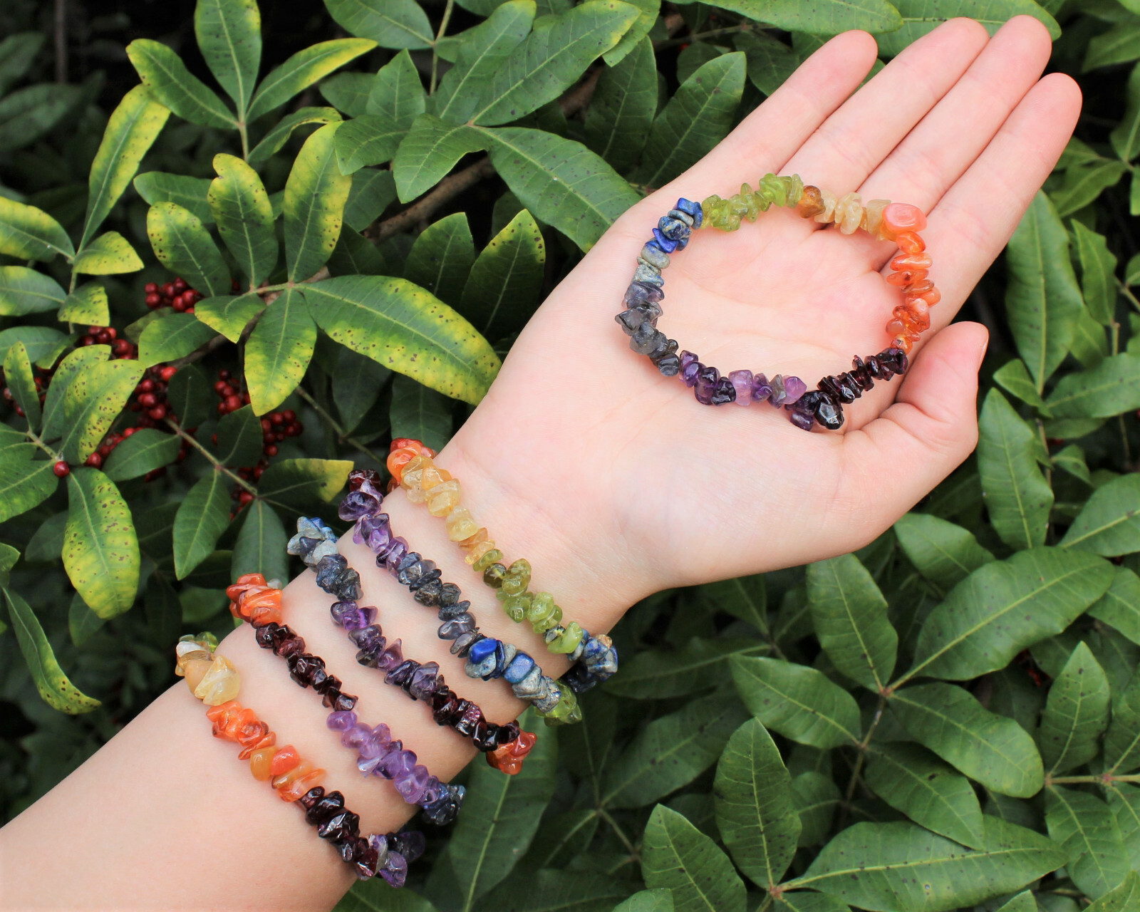 7 Chakra Chip Gemstone Bracelet, Stretch : Raw Crystal Healing US SELLER