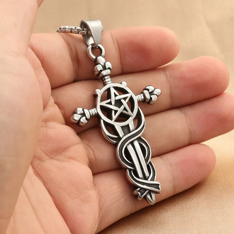 Gothic Sword Cross Pentagram Necklace Vintage Punk Biker Sword Pendant Jewelry