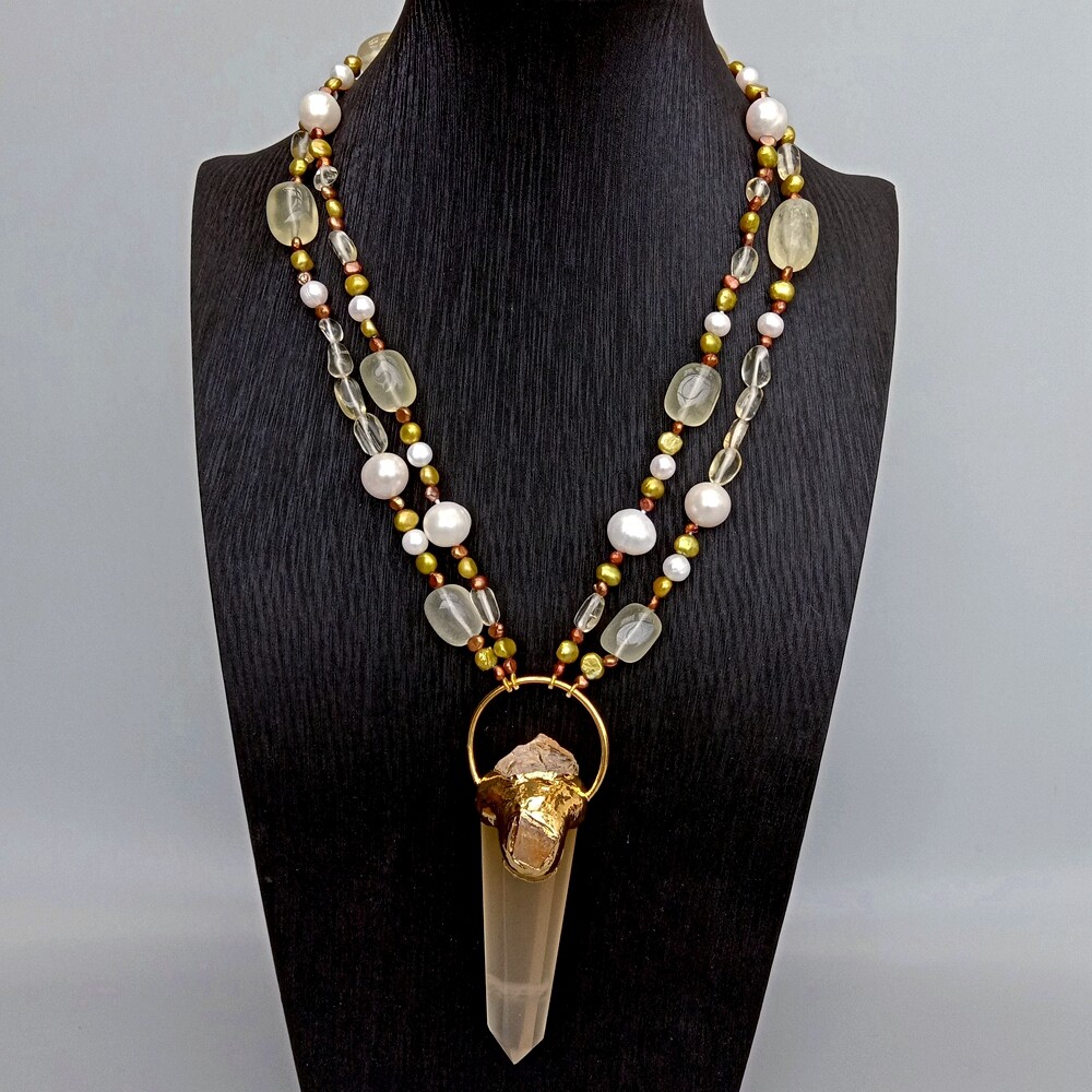 21″ 2 Rows White Pearl Brown Fancy Pearl Necklace Lemon Quartz Point Pendant