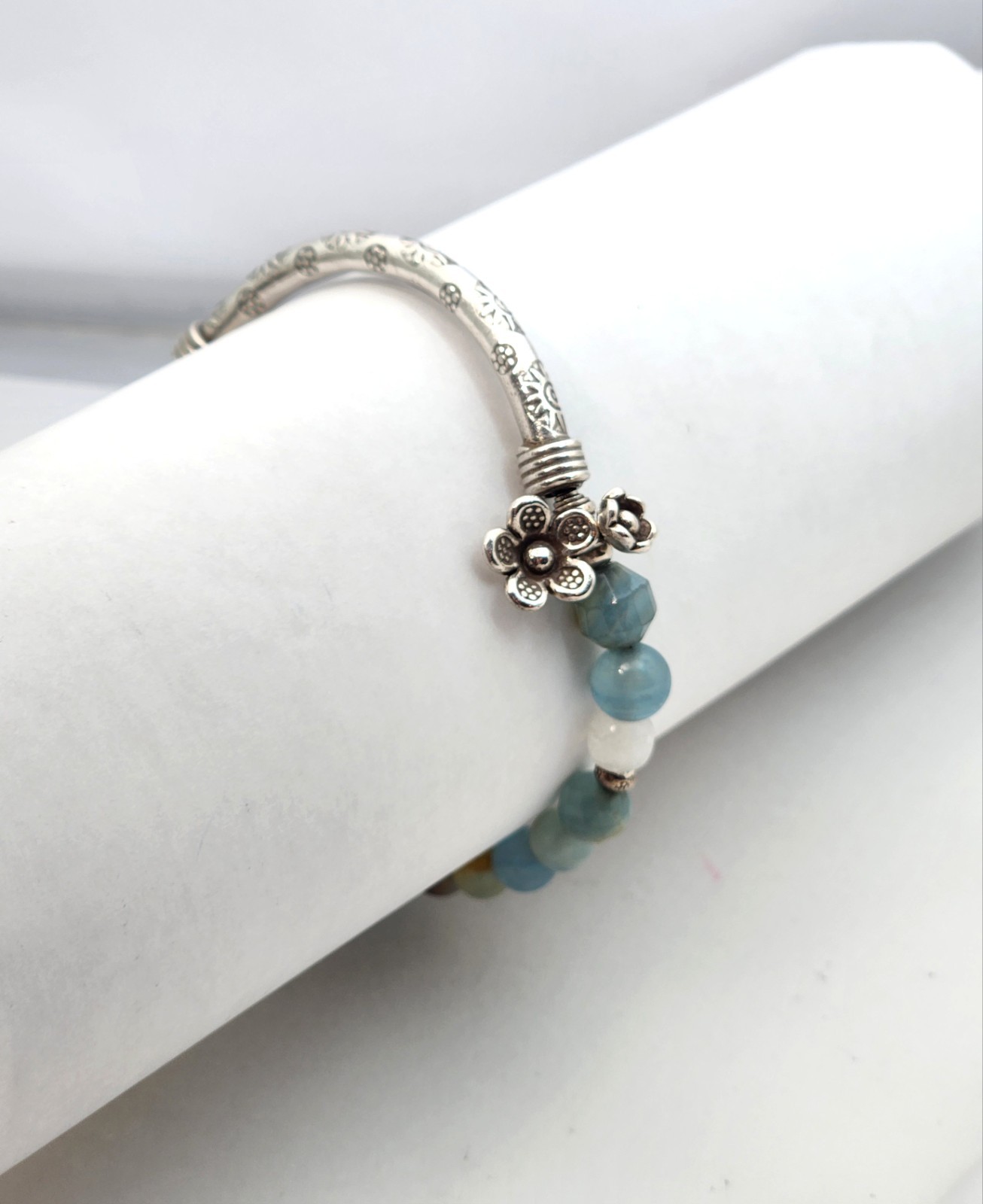 Sterling Silver Bar Stone Bead Bracelet Blue Brown Bangle Stretch Flower Sun 925