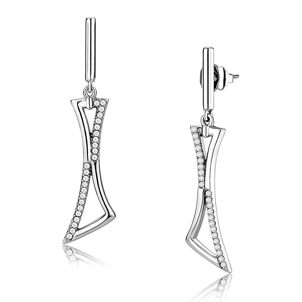 High Polish Stainless Steel Clear CZ Hour Glass Earrings